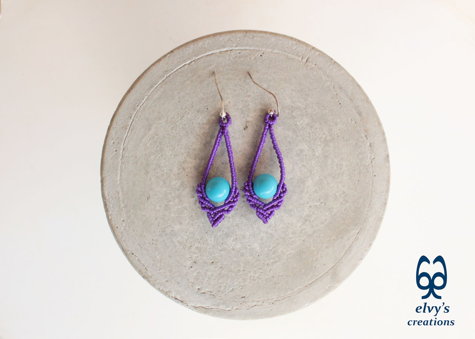 Purple Macrame Earrings Handmade Silver Earrings with Turquoise Gemstones