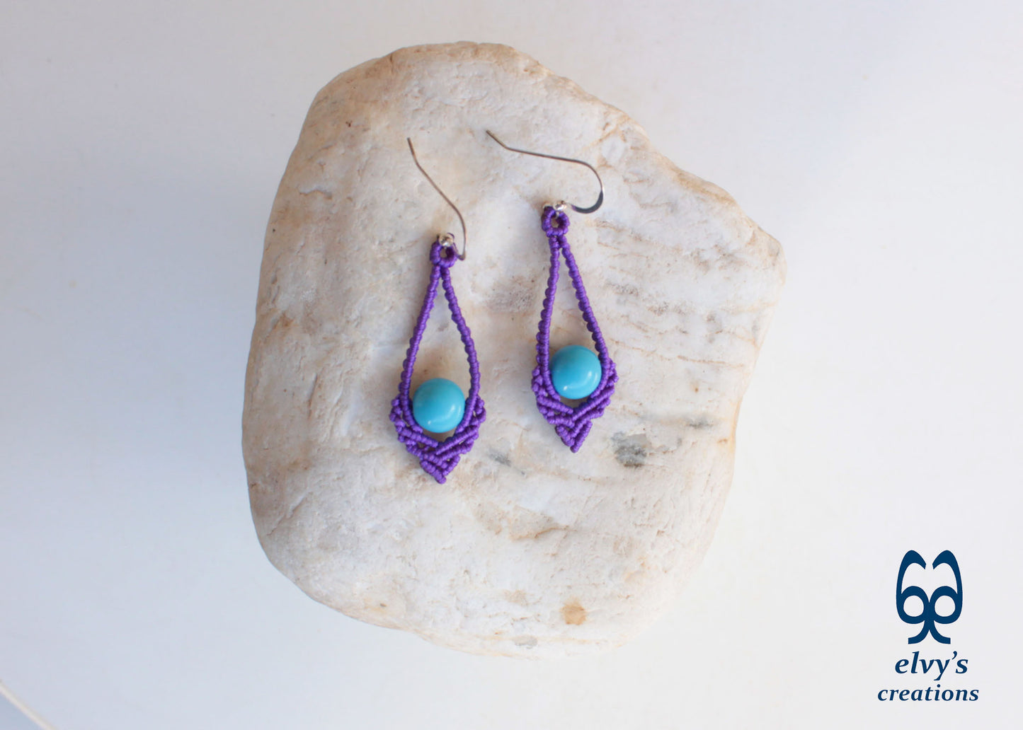 Purple Macrame Earrings Handmade Silver Earrings with Turquoise Gemstones
