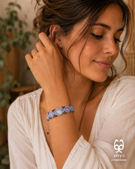 Light Blue Beaded Macrame Cuff Bracelet With White and Blue Quartz and Gray Hematite Gemstones Bracelet Gift for her Bracelet with Quartz and Gray Hematite Gemstones