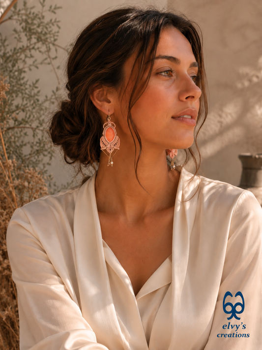 Beige Macrame Earrings with Rose Quartz and Pearls Lace Silver Earrings