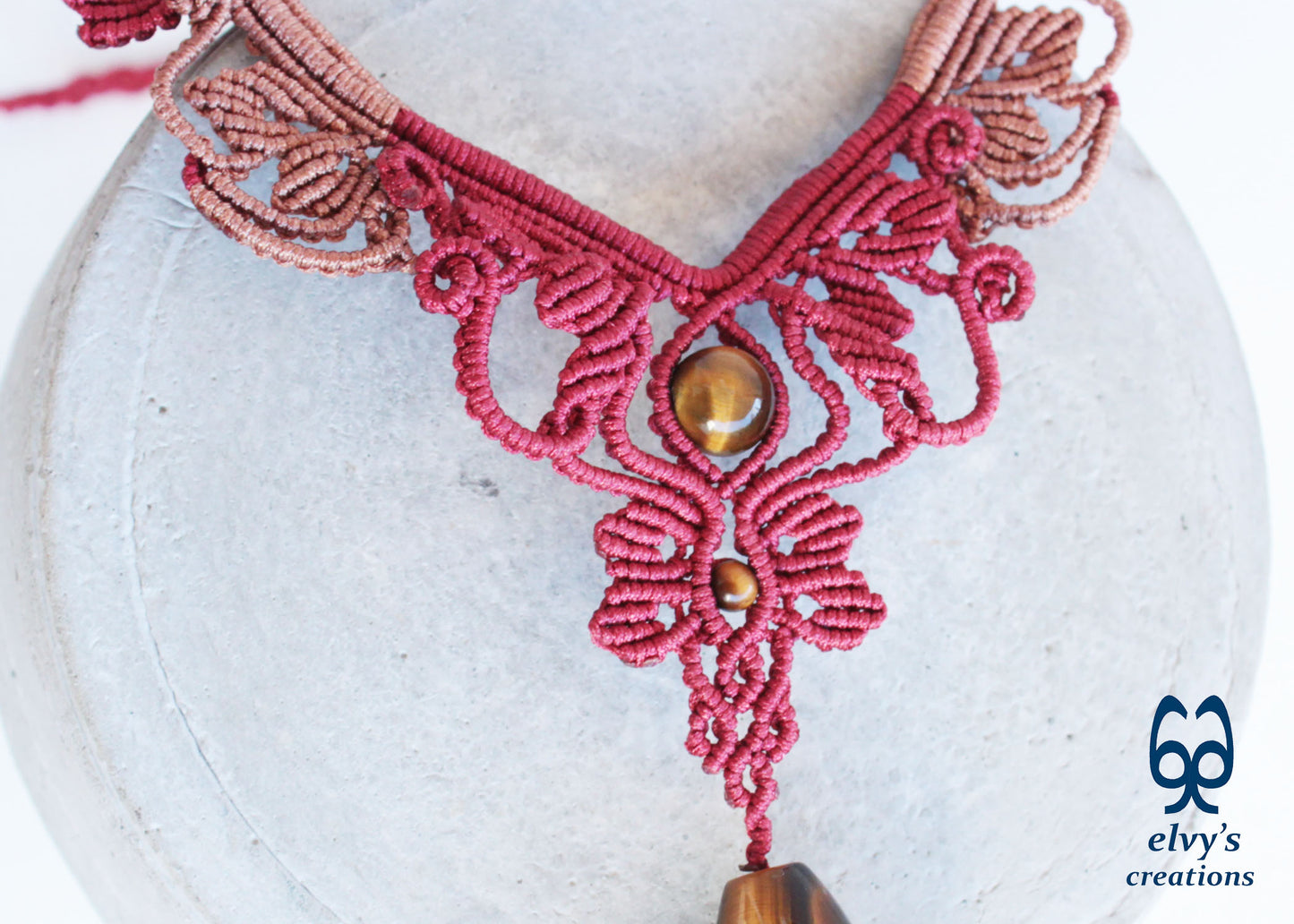 Red and Beige Macrame Necklace Handmade Macrame with Tiger Eye Gemstones