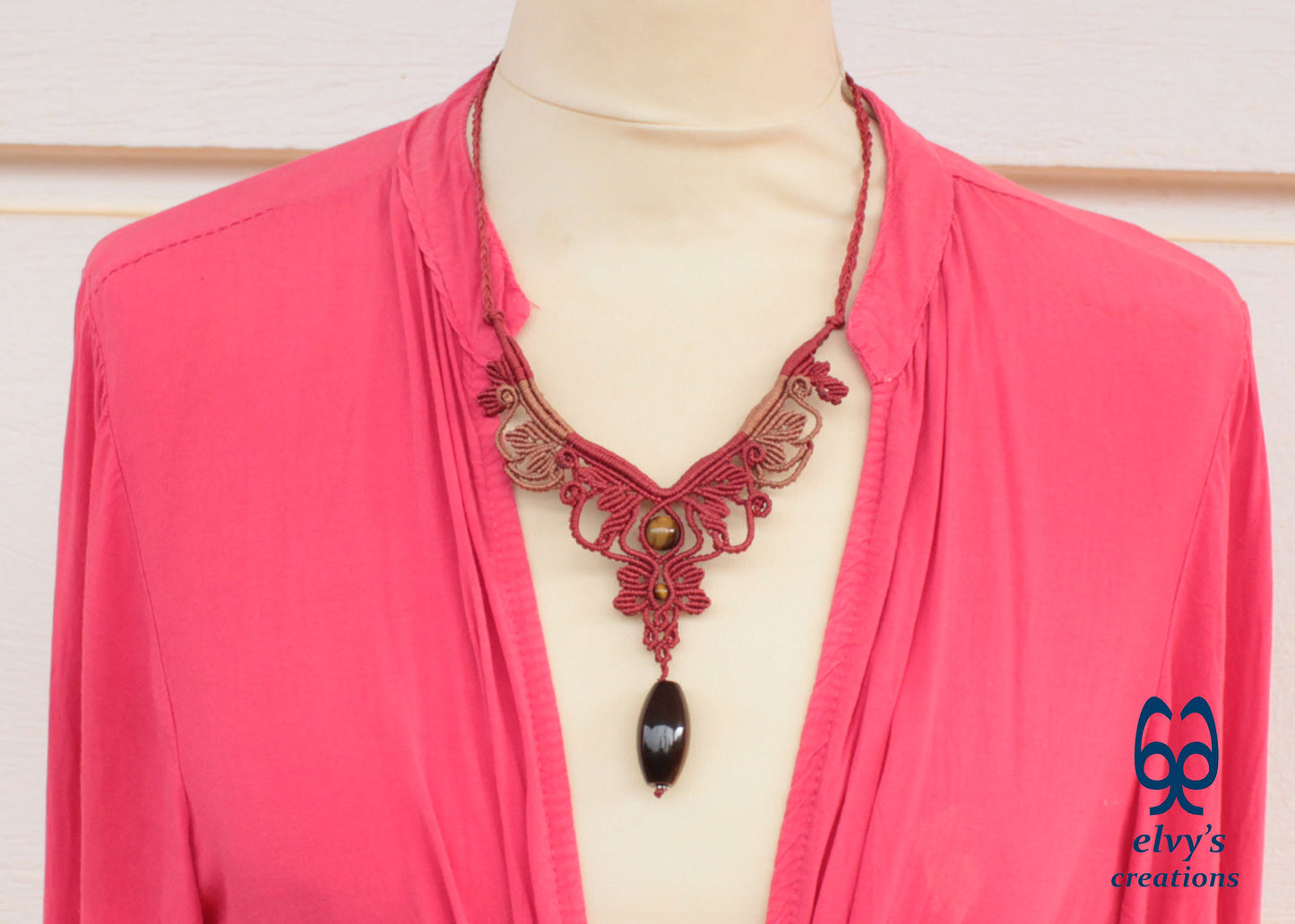 Red and Beige Macrame Necklace Handmade Macrame with Tiger Eye Gemstones