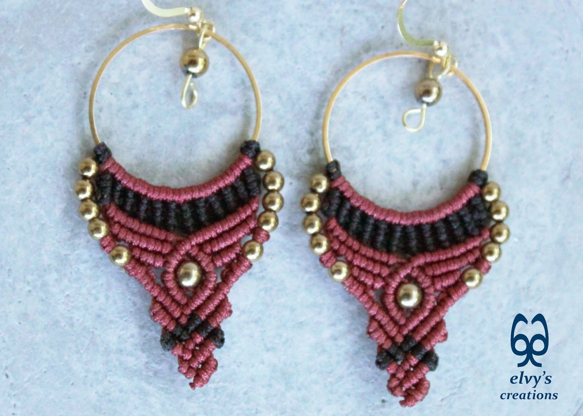 Red and Black Macrame Earrings Gold Hematite Gemstones Hoop Earrings