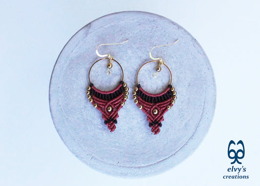 Red and Black Macrame Earrings Gold Hematite Gemstones Hoop Earrings