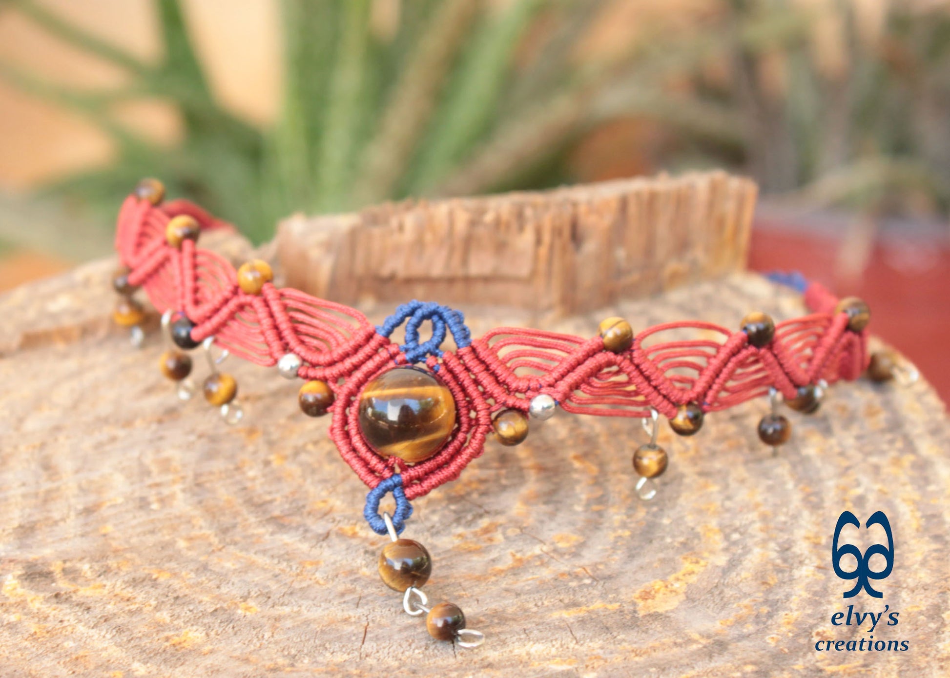 Red Macrame Necklace with Tiger Eye Gemstones Blue Adjustable Choker