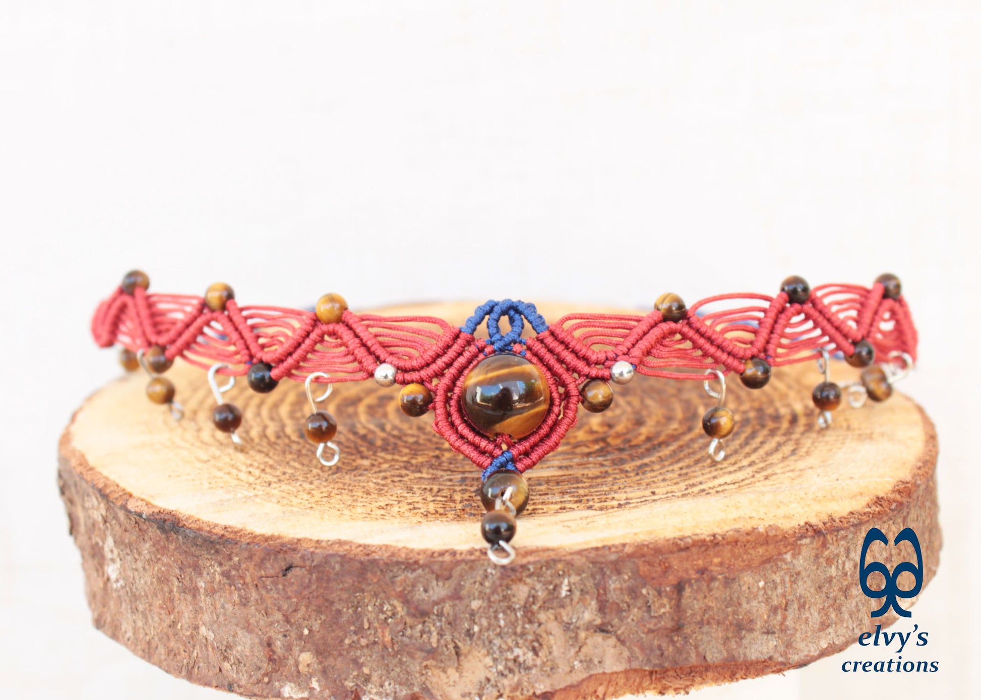 Red Macrame Necklace with Tiger Eye Gemstones Blue Adjustable Choker