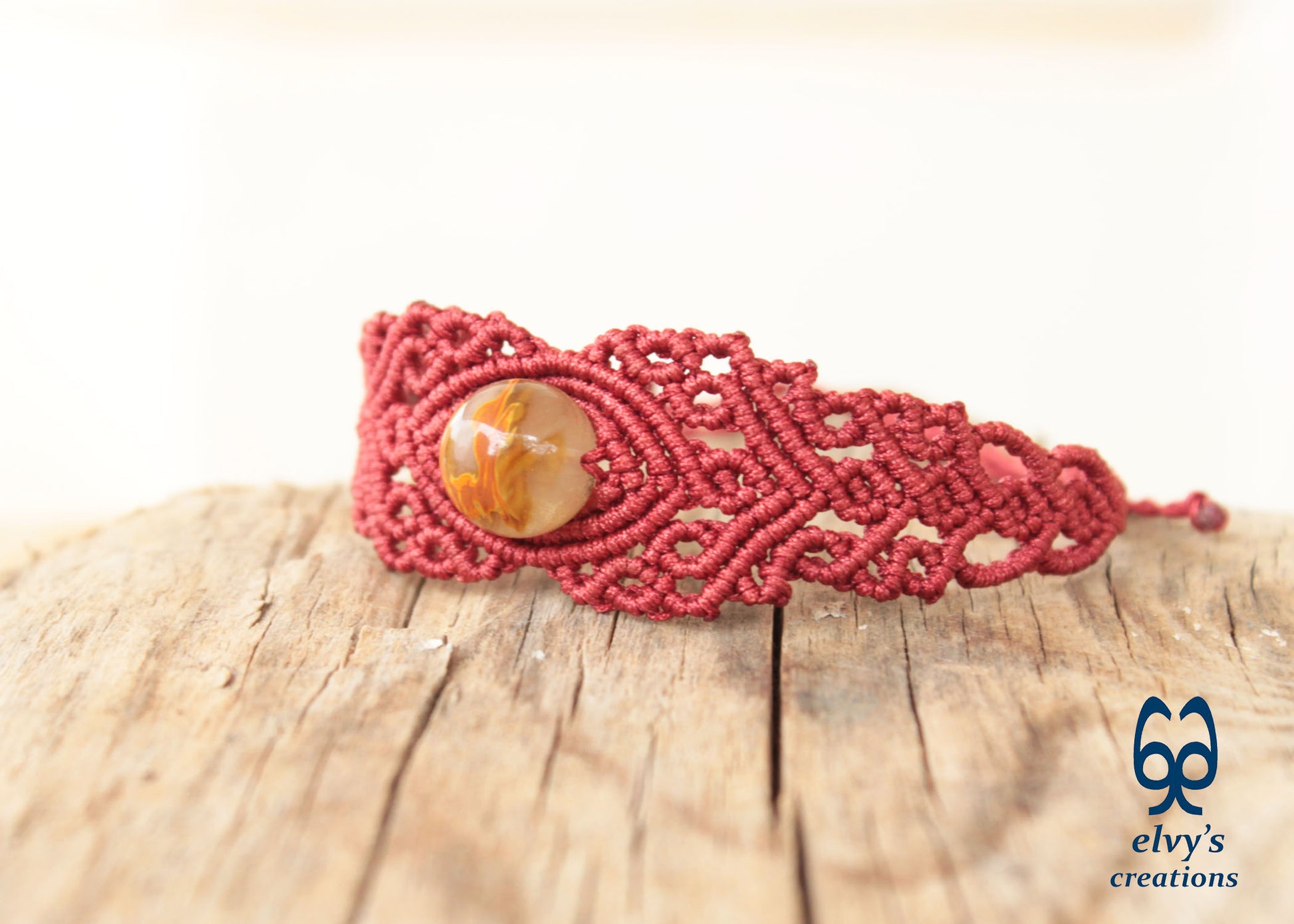 Red Macrame Bracelet with Crystal Quartz Gemstone, Handmade Unique Birthday Gift for Women