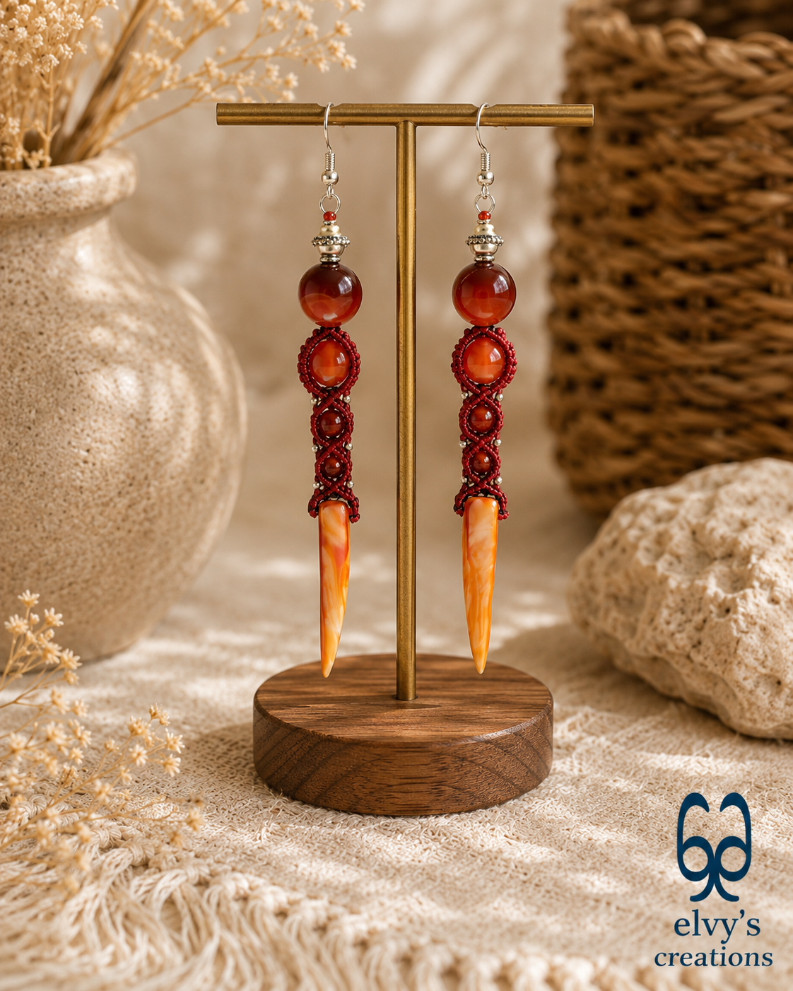 Macrame Beaded Earrings, Silver Gemstone Dangle Earrings,Birthday Gift for Women