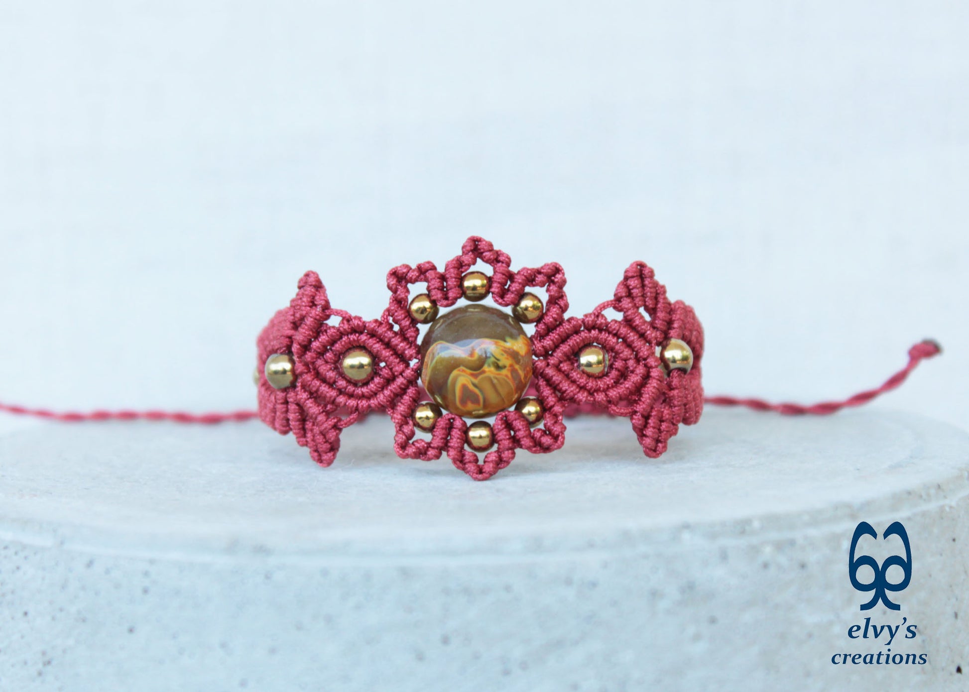 Red and Gold Macrame Bracelet with Quartz Red Adjustable Boho Bracelet
