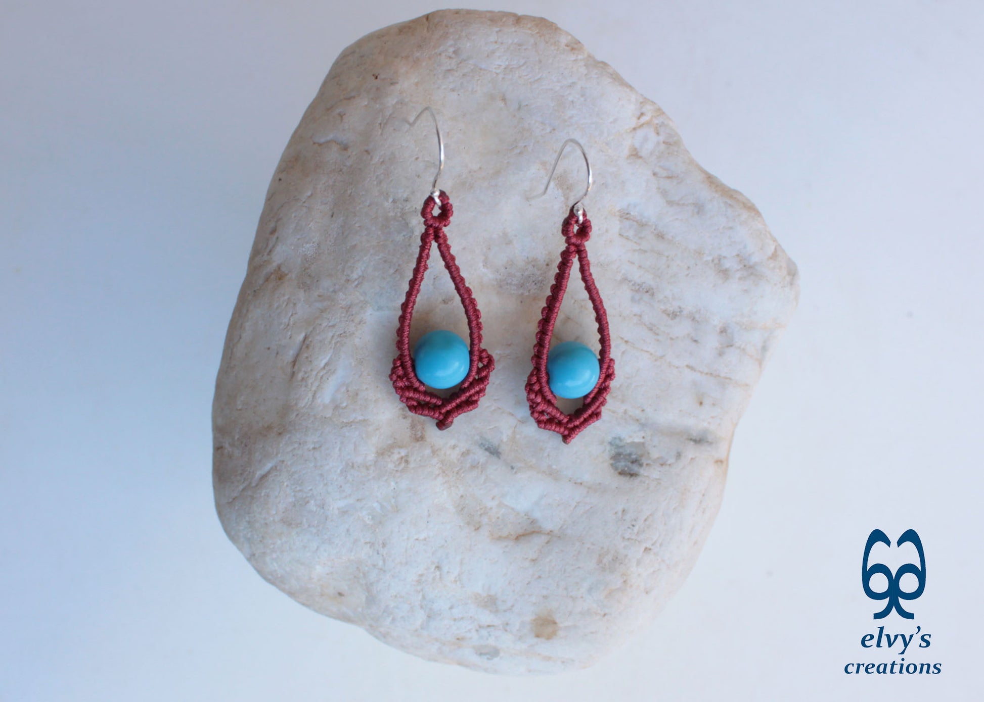 Red Macrame Earrings Handmade Silver Earrings with Turquoise Gemstones
