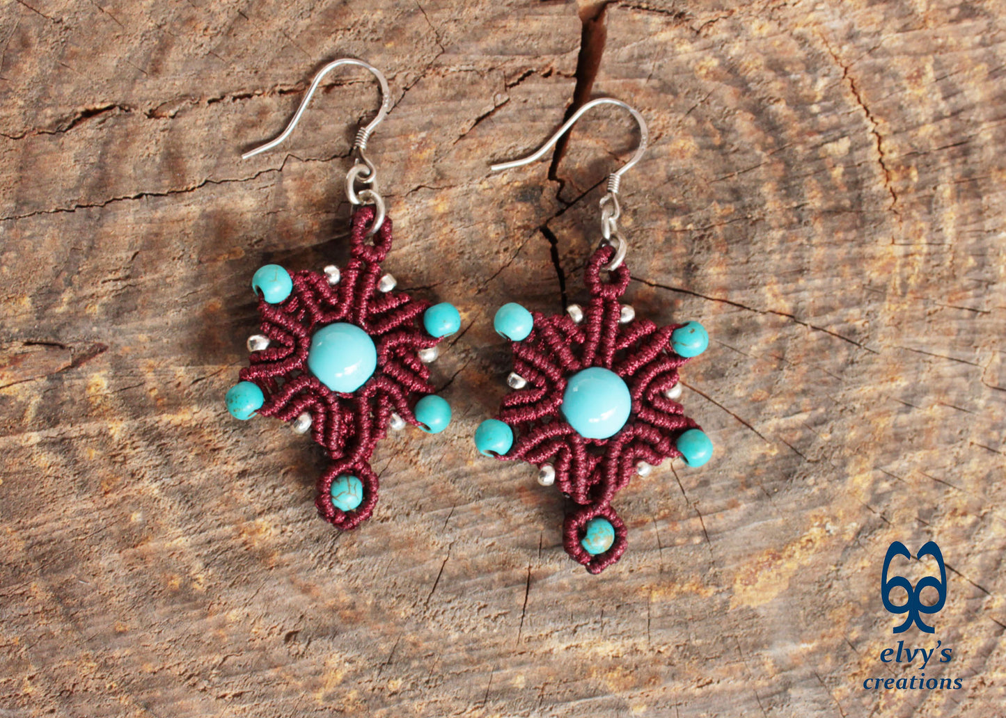 Handmade Red Macrame Earrings Silver Dangle with Turquoise Gemstones