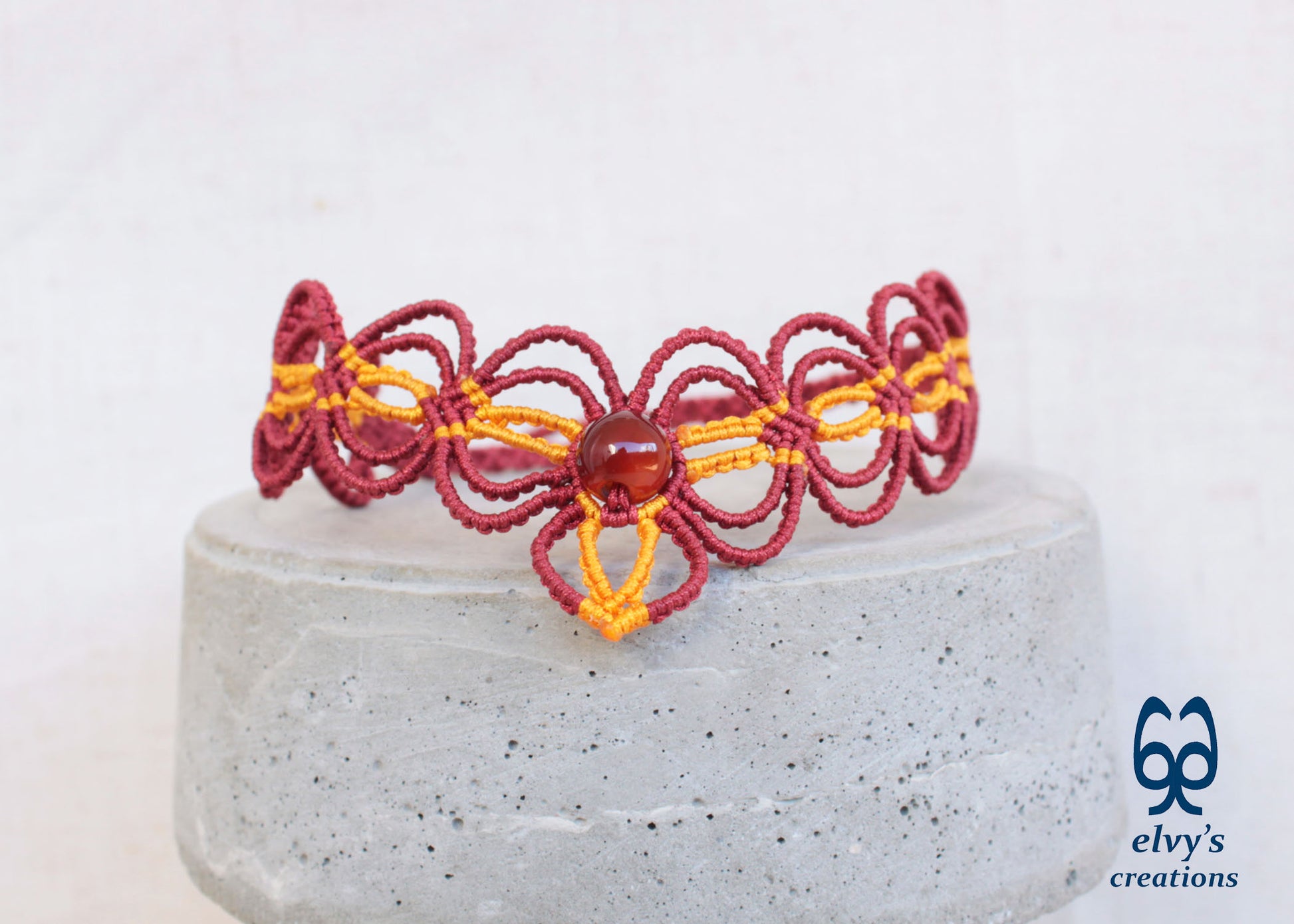 Red Handmade Macrame Chocker Yellow Adjustable Necklace Carnelian Gemstone