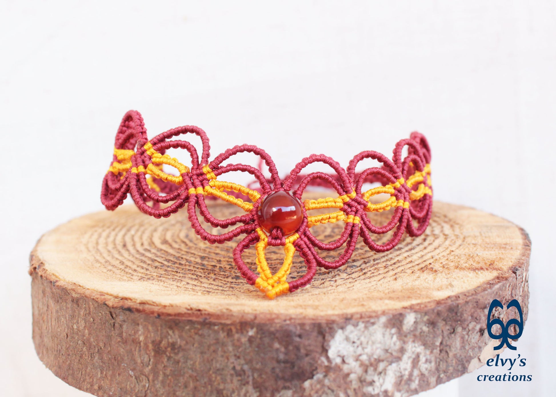 Red Handmade Macrame Chocker Yellow Adjustable Necklace Carnelian Gemstone
