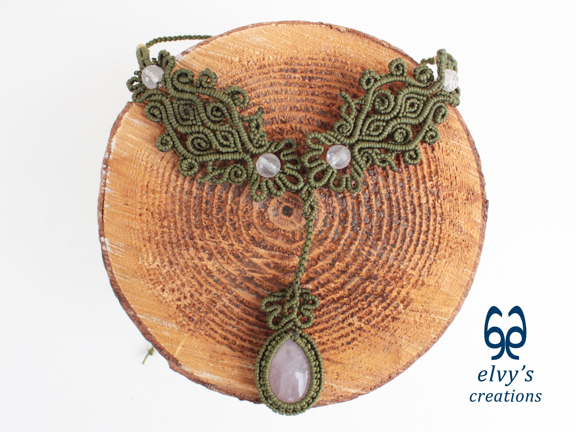 Green Handmade Macrame Necklace, Pink Quartz Gemstones, Boho Grey Necklace