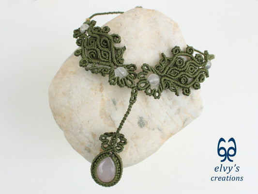Green Handmade Macrame Necklace, Pink Quartz Gemstones, Boho Grey Necklace