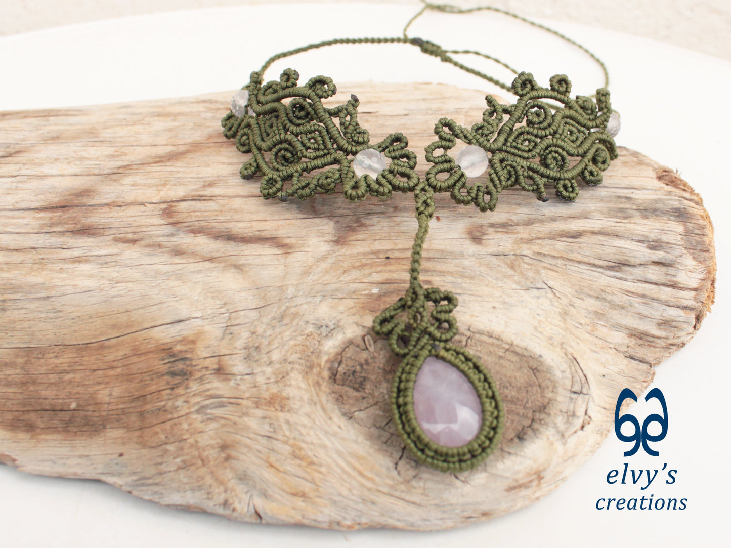 Green Macrame Necklace with Pink Quartz Gemstones
