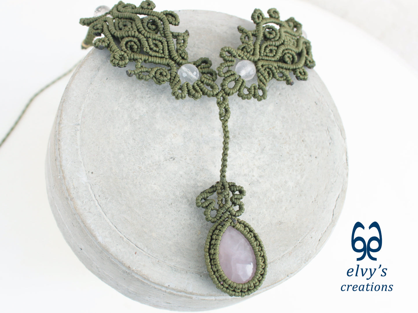 Green Handmade Macrame Necklace, Pink Quartz Gemstones, Boho Grey Necklace