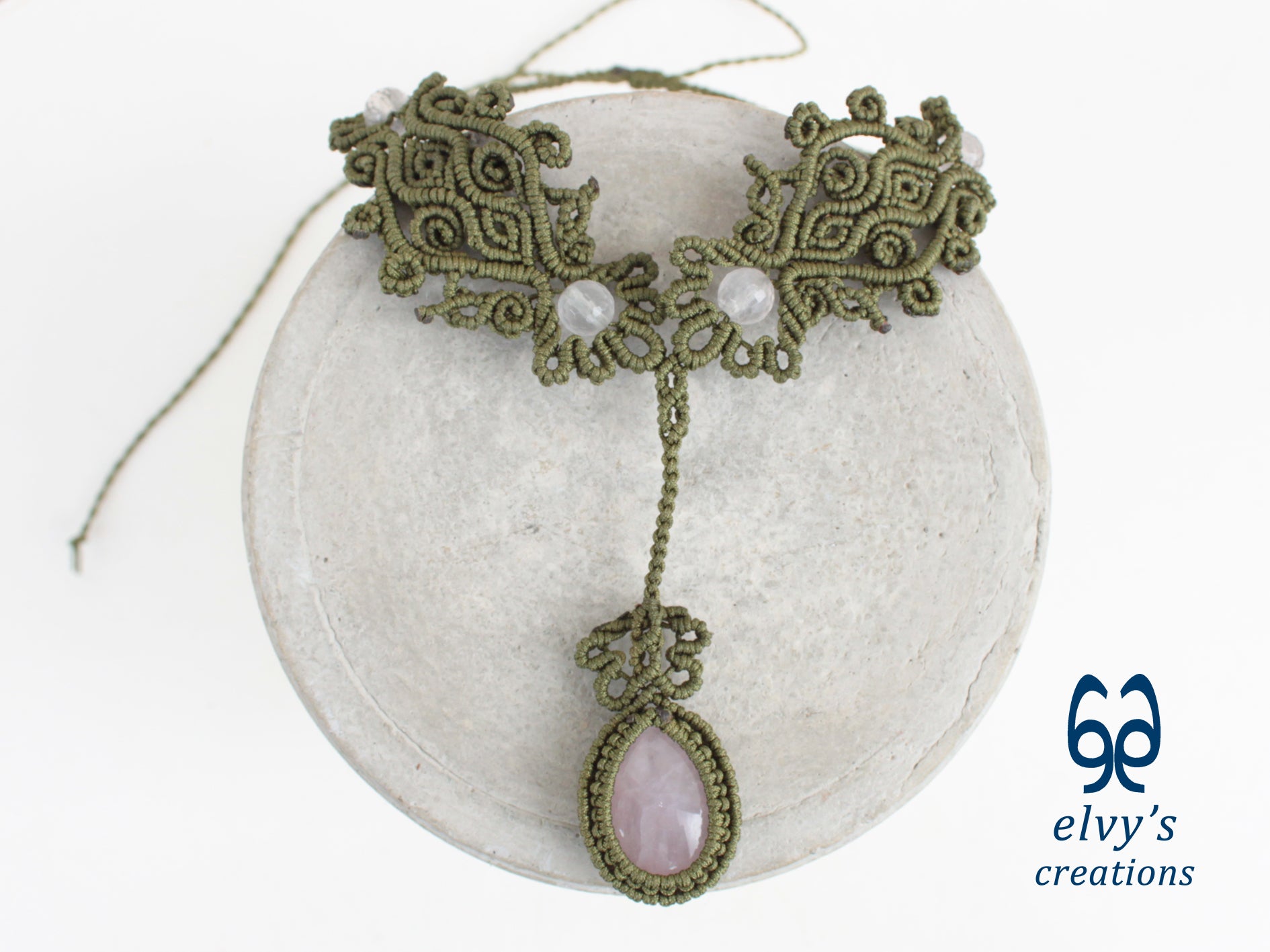 Green Handmade Macrame Necklace, Pink Quartz Gemstones, Boho Grey Necklace