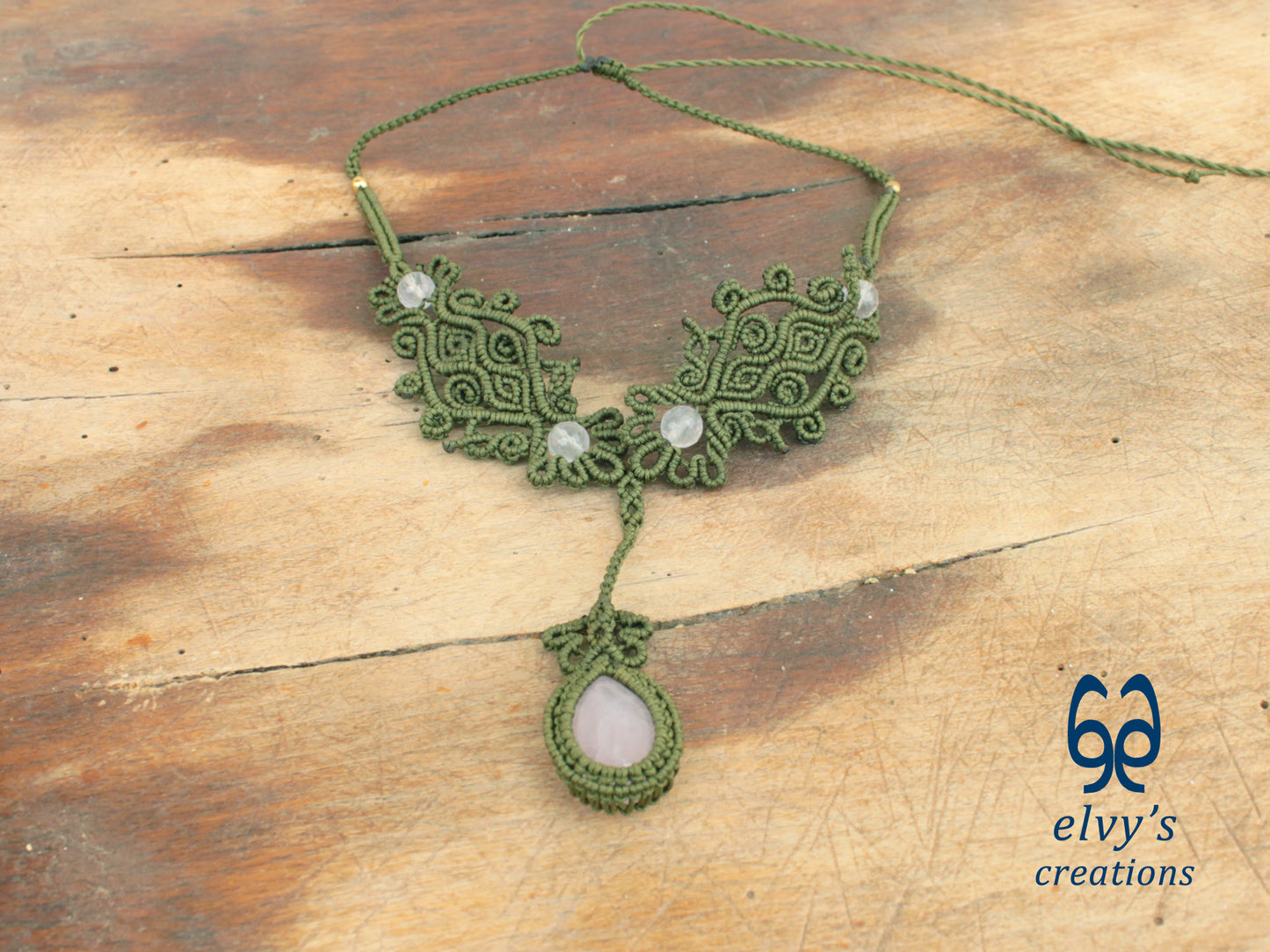 Green Handmade Macrame Necklace, Pink Quartz Gemstones, Boho Grey Necklace