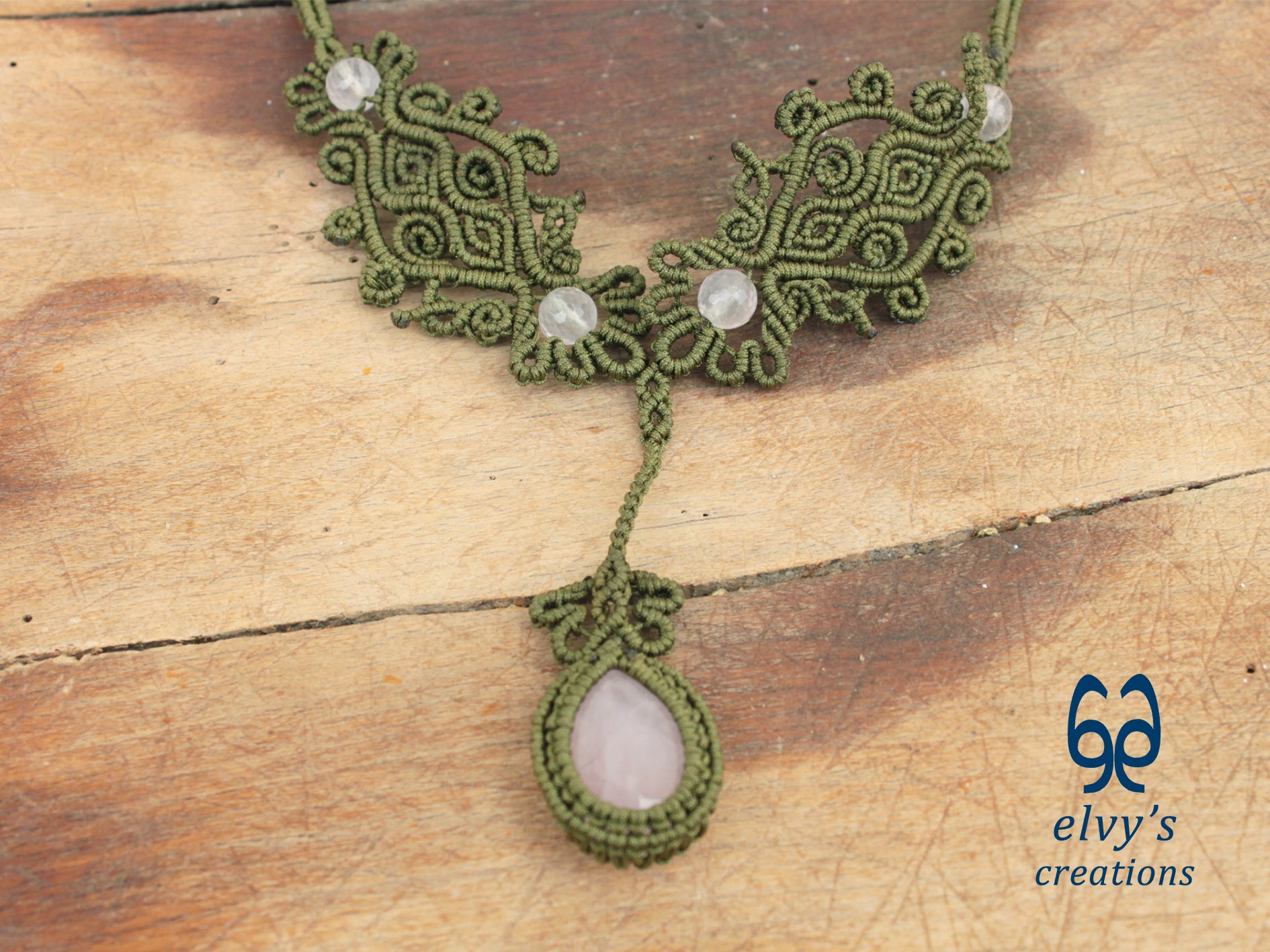 Green Handmade Macrame Necklace, Pink Quartz Gemstones, Boho Grey Necklace
