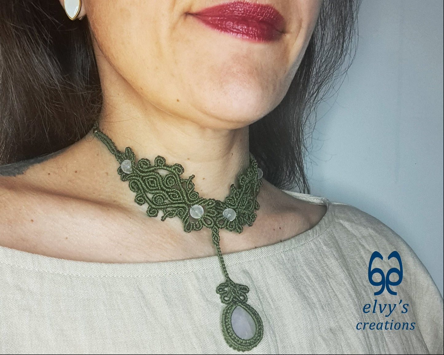 Green Handmade Macrame Necklace, Pink Quartz Gemstones, Boho Grey Necklace