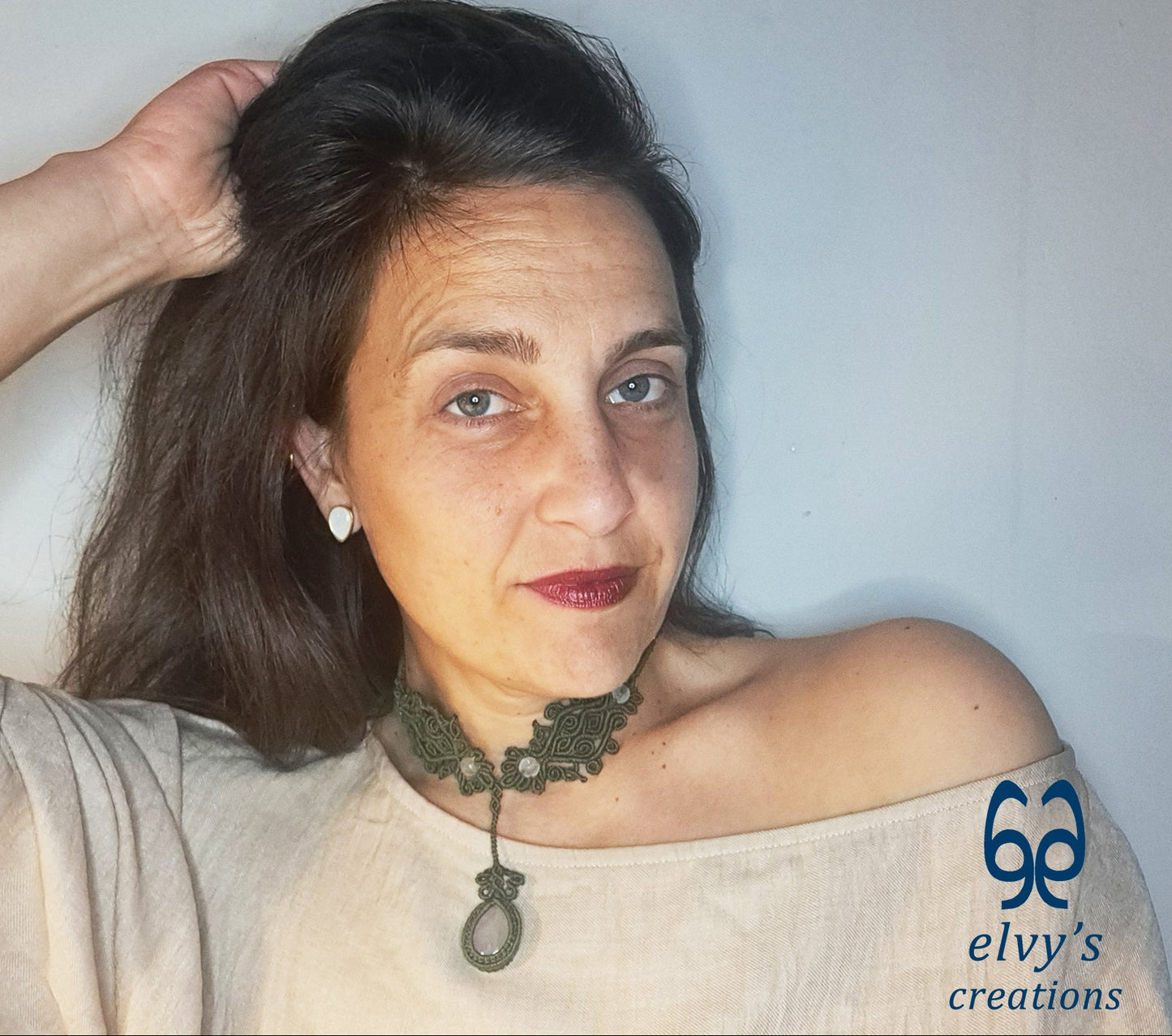 Green Handmade Macrame Necklace, Pink Quartz Gemstones, Boho Grey Necklace