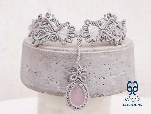 Silver Handmade Macrame Necklace, Pink Quartz Gemstones, Boho Grey Necklace