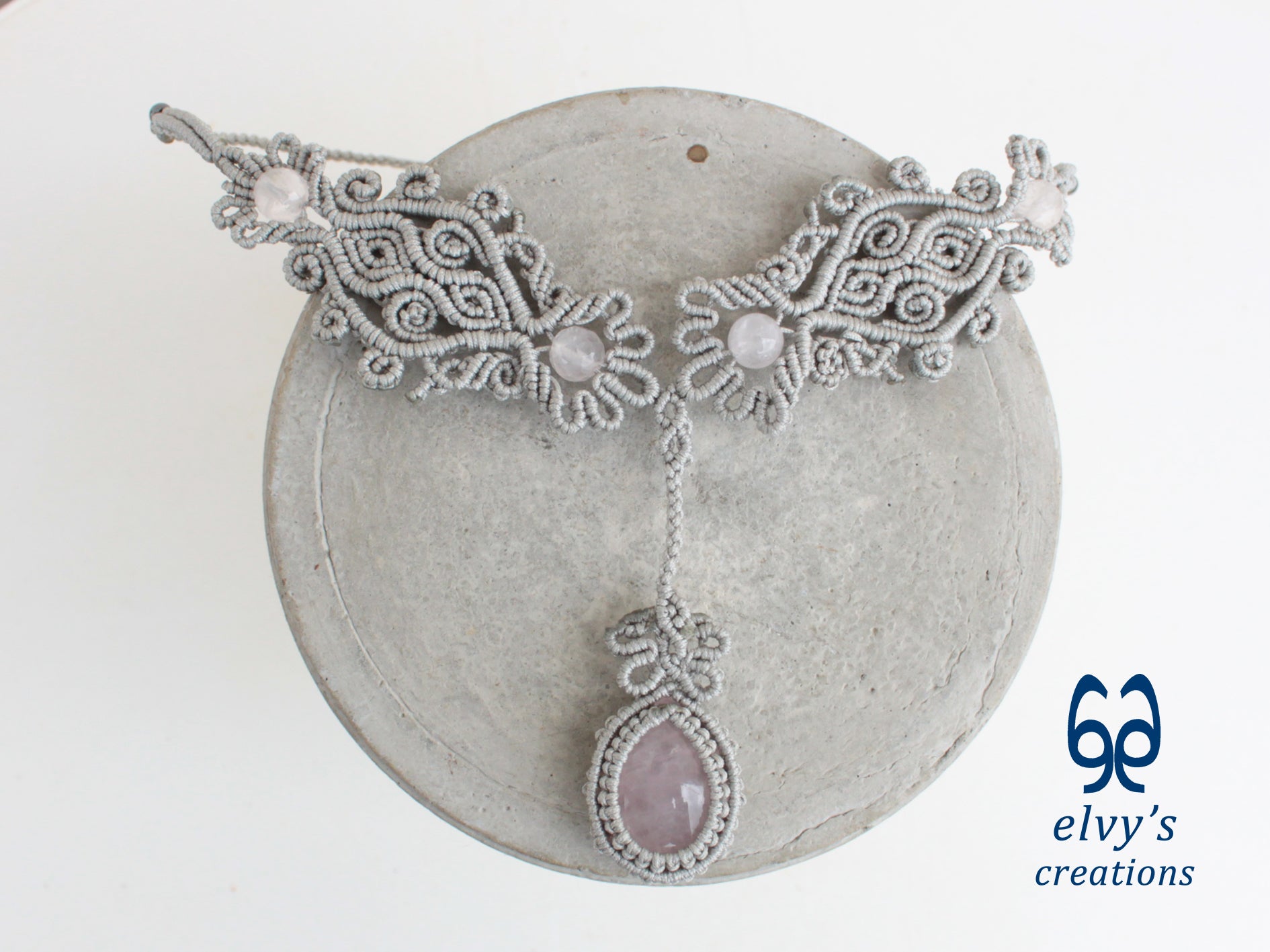 Silver Handmade Macrame Necklace, Pink Quartz Gemstones, Boho Grey Necklace