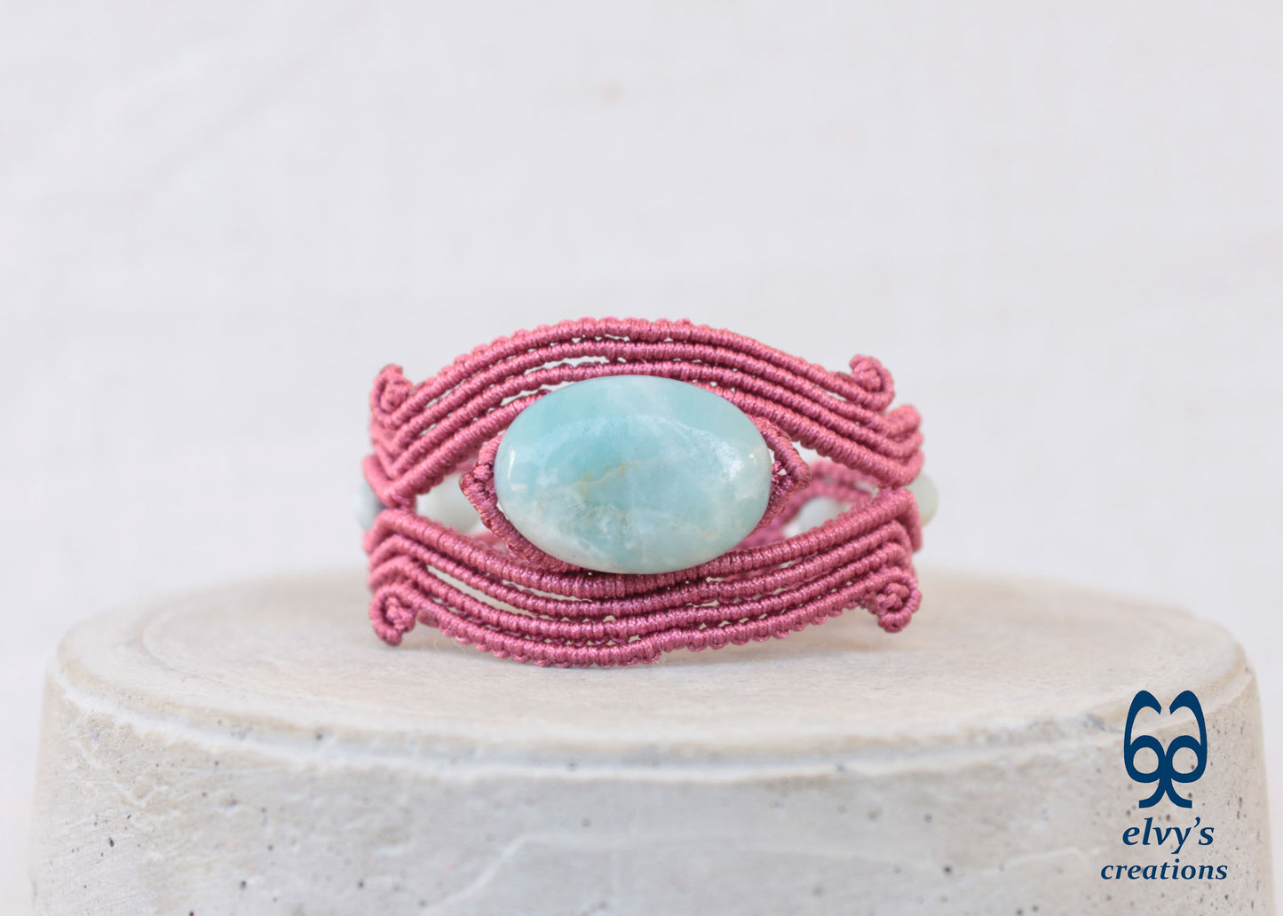 Handmade Rose Red Macrame Bracelet Adjustable Cuff with Blue Amazonite Gemstones