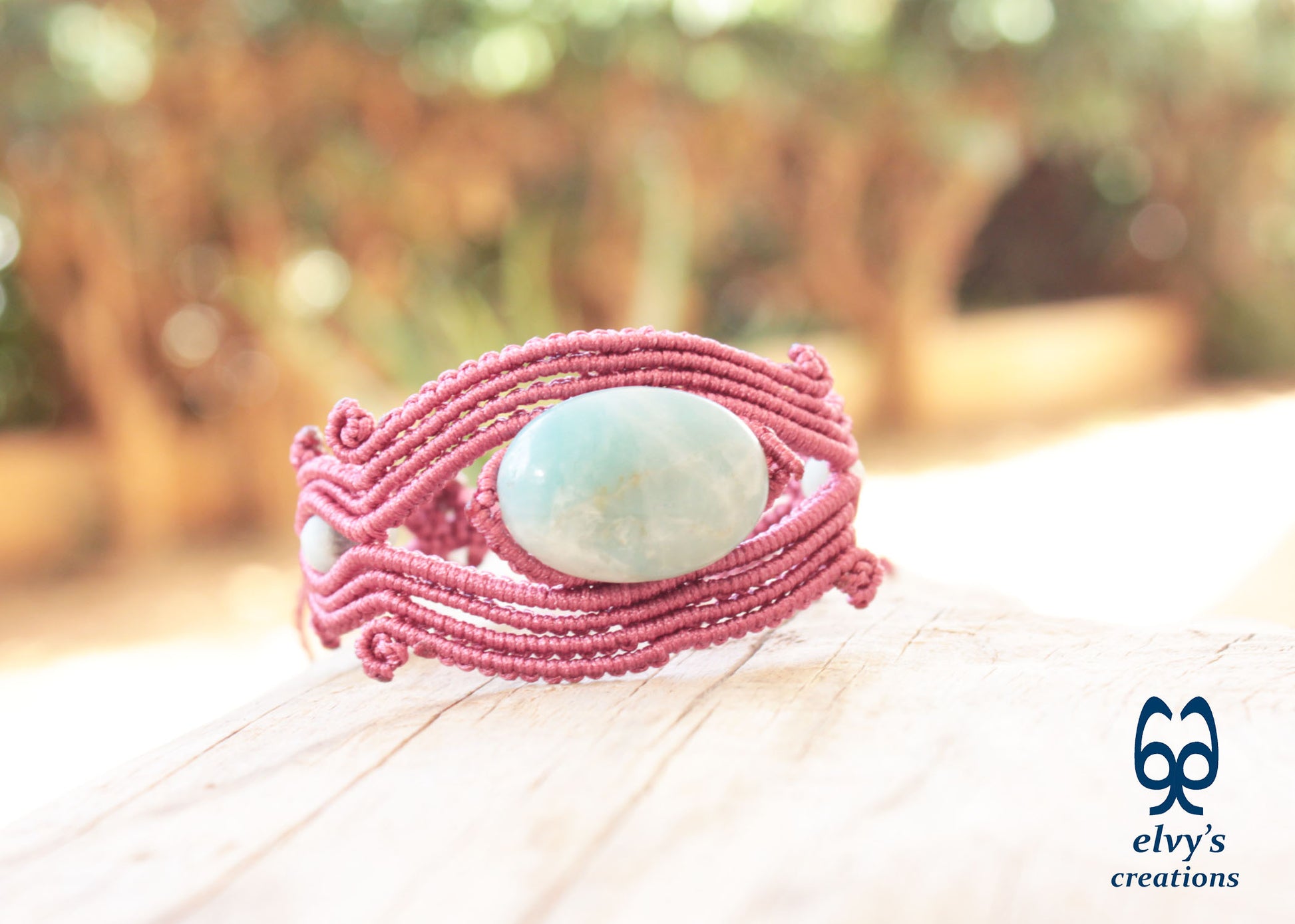 Handmade Rose Red Macrame Bracelet Adjustable Cuff with Blue Amazonite Gemstones
