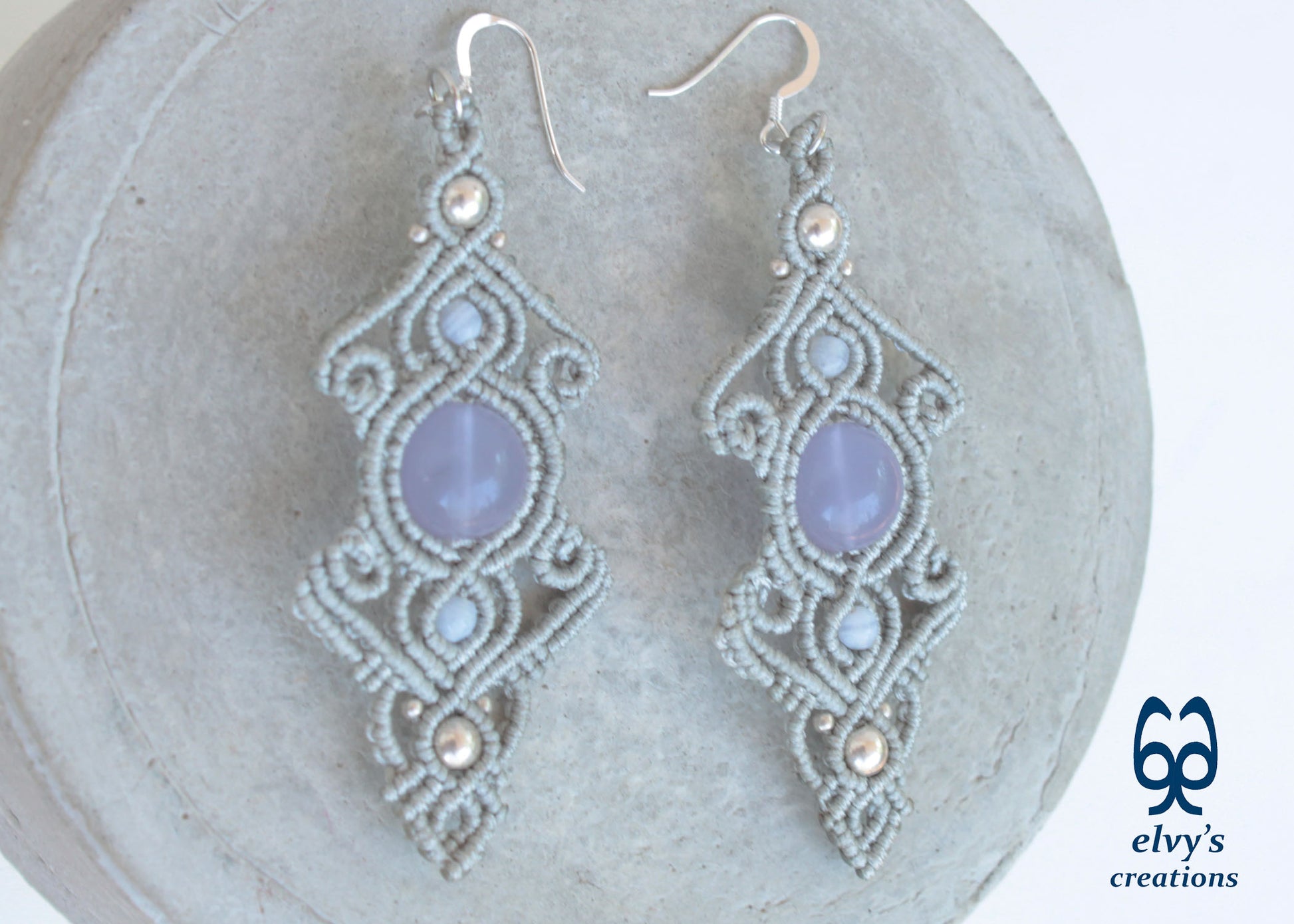 Handmade Macrame Silver Earrings with Chalcedony Gemstones Dangle Earrings