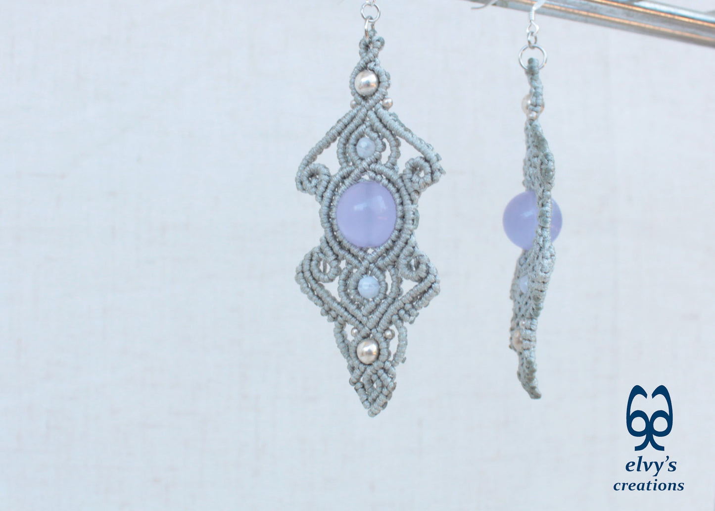 Handmade Macrame Silver Earrings with Chalcedony Gemstones Dangle Earrings