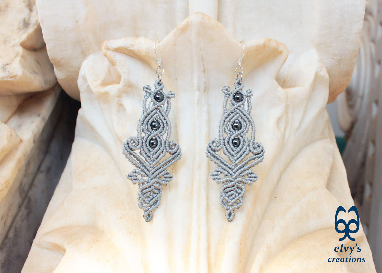 Macrame Earrings with Hematite Gemstones Boho Dangle, Μακραμέ Σκουλαρίκια με Κρυστάλλους Αιματίτη