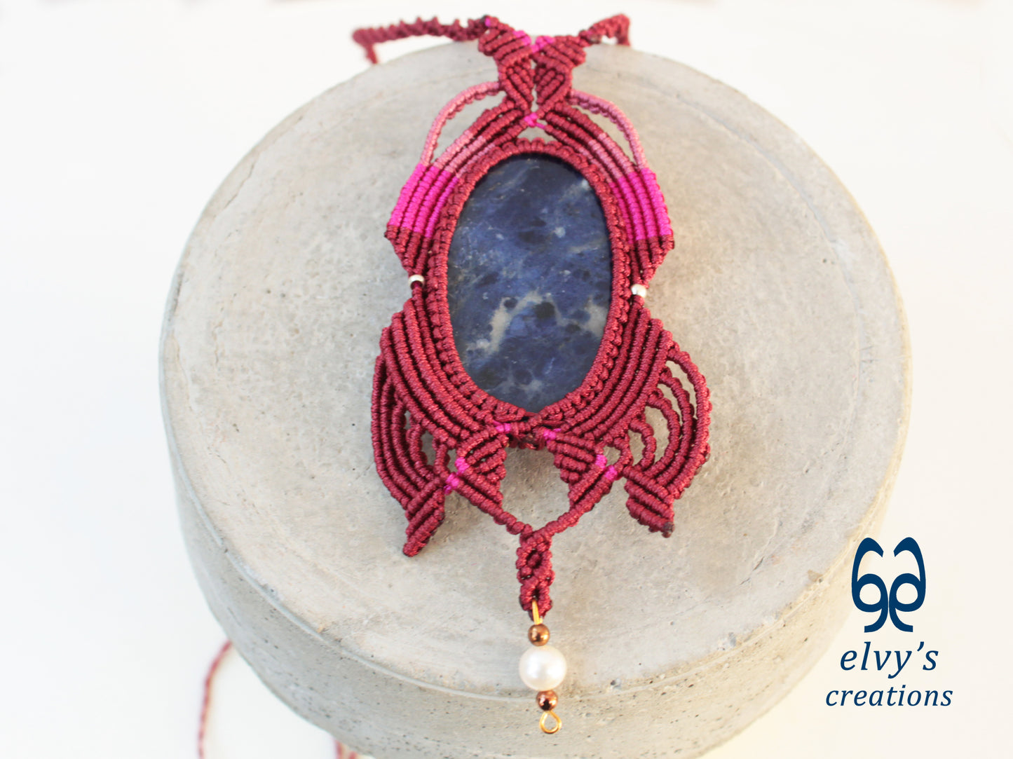 Handmade Pink Macrame Pendant with Sodalite and Pearl Gemstones Necklace