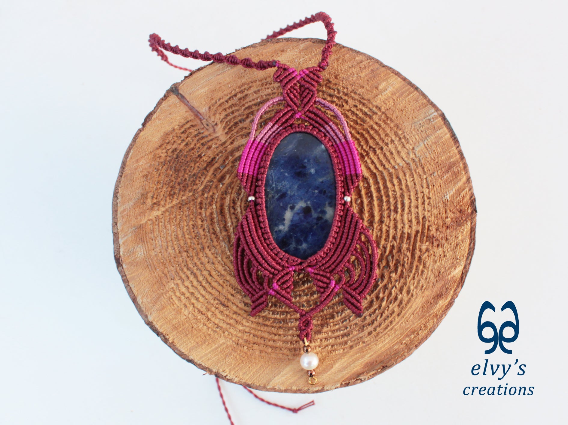 Handmade Pink Macrame Pendant with Sodalite and Pearl Gemstones Necklace