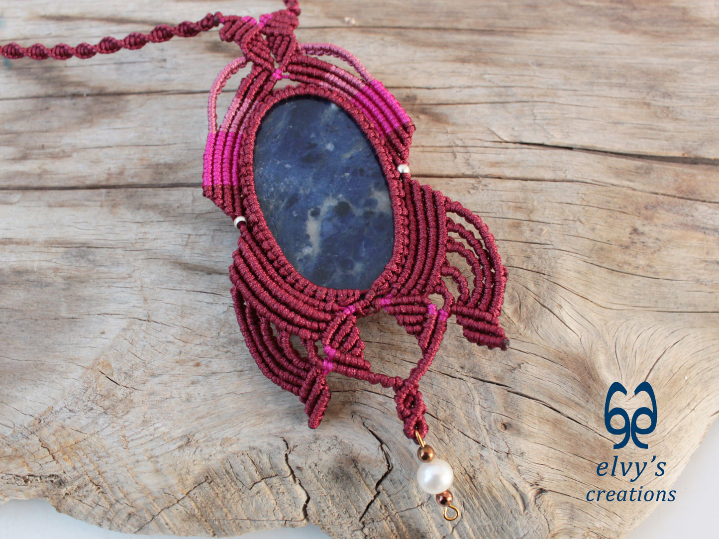 Handmade Pink Macrame Pendant with Sodalite and Pearl Gemstones Necklace