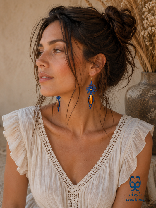 Blue Macrame Earrings with Tiger Eye Gemstones Flower Lace Silver Earrings