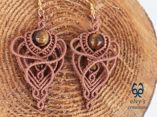 Handmade Macramé Light Brown Earrings with Tiger Eye Gemstones
