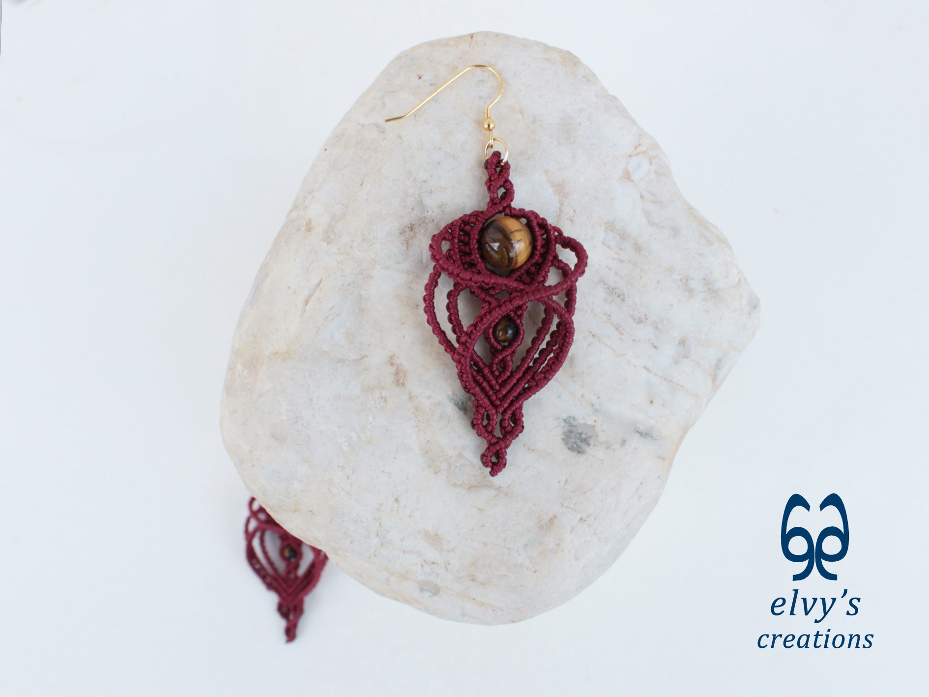 Handmade Macramé Red Earrings with Tiger Eye Gemstones Dangle Earrings