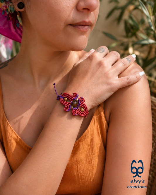 Red Macrame Bracelet with Tiger Eye Gemstones Purple Adjustable Cuff Bracelet
