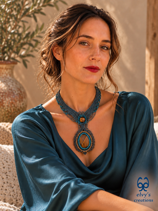 Handmade Green Macrame Necklace with Gold Tiger Eye Gemstones