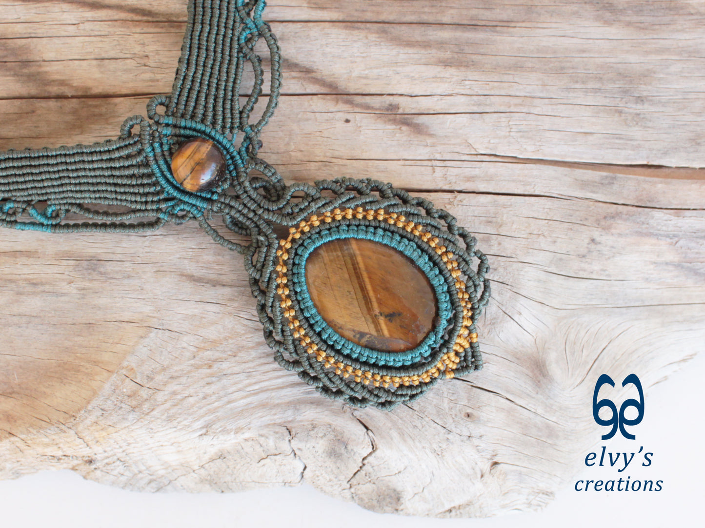 Handmade Green Macrame Necklace with Gold Tiger Eye Gemstones