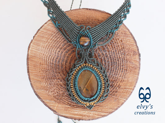 Handmade Green Macrame Necklace with Gold Tiger Eye Gemstones