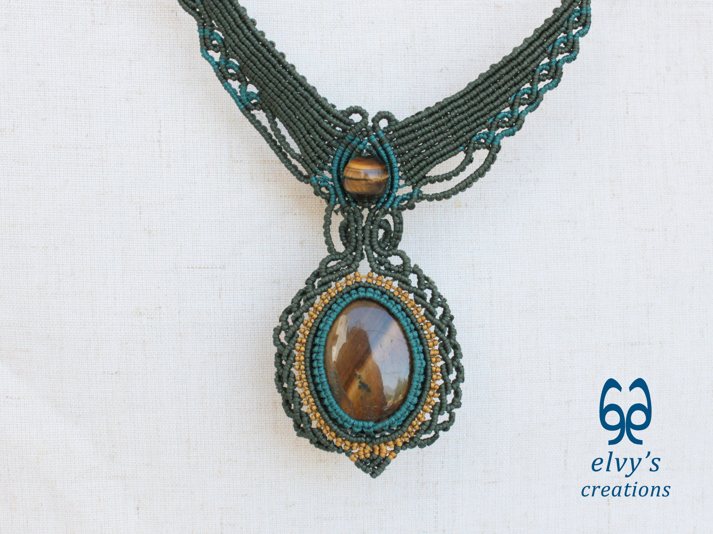 Handmade Green Macrame Necklace with Gold Tiger Eye Gemstones