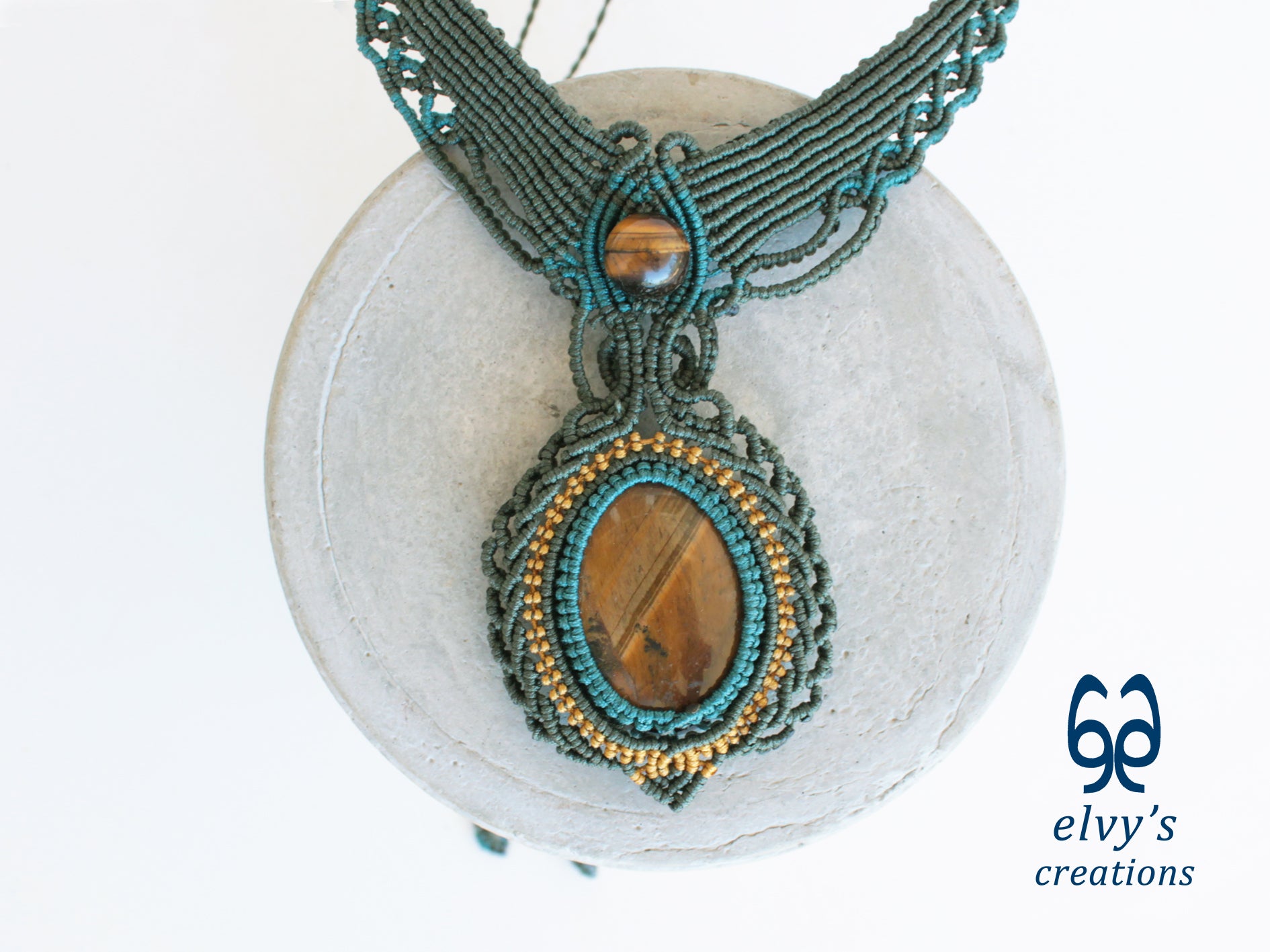 Handmade Green Macrame Necklace with Gold Tiger Eye Gemstones