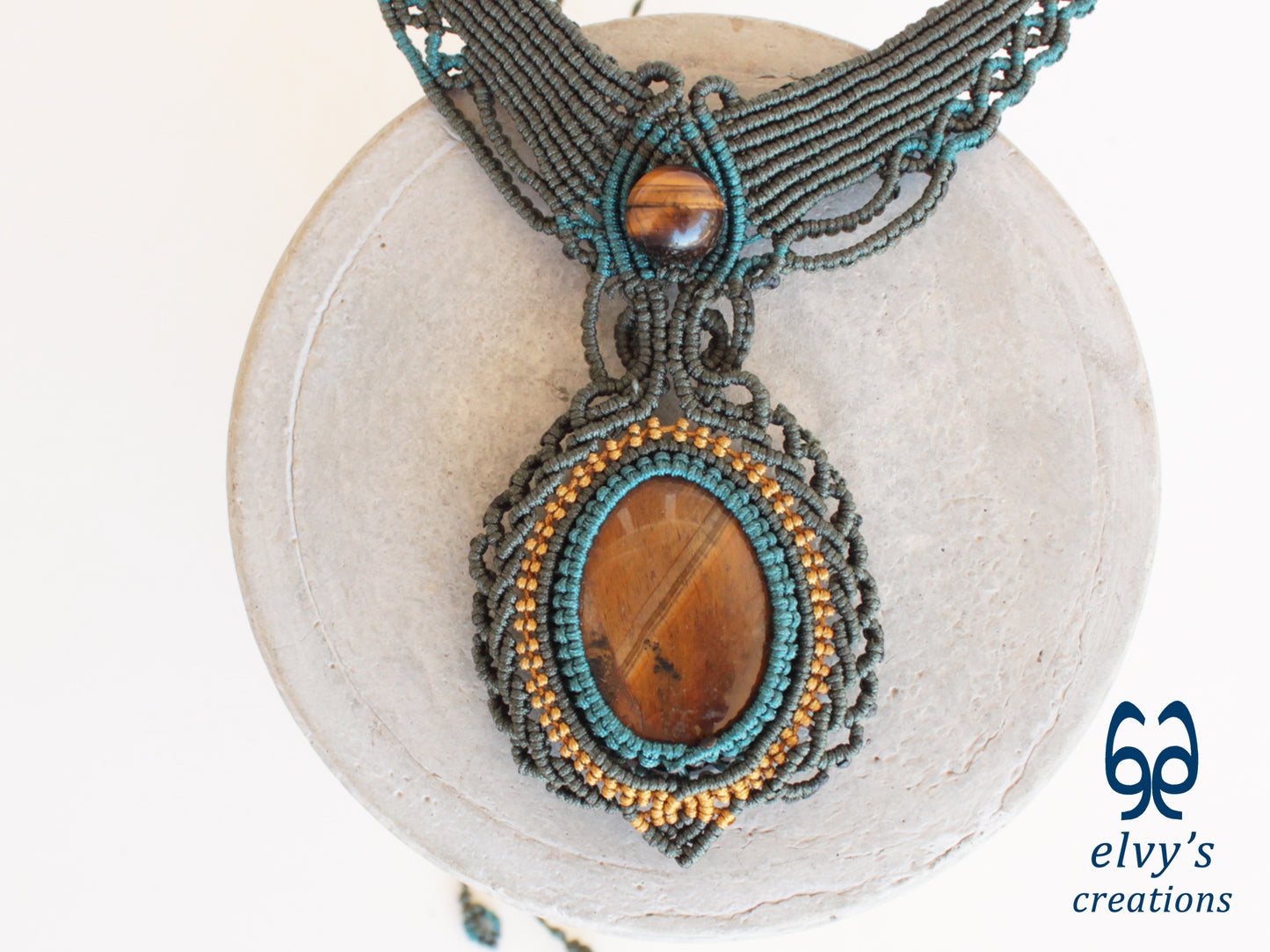 Handmade Green Macrame Necklace with Gold Tiger Eye Gemstones