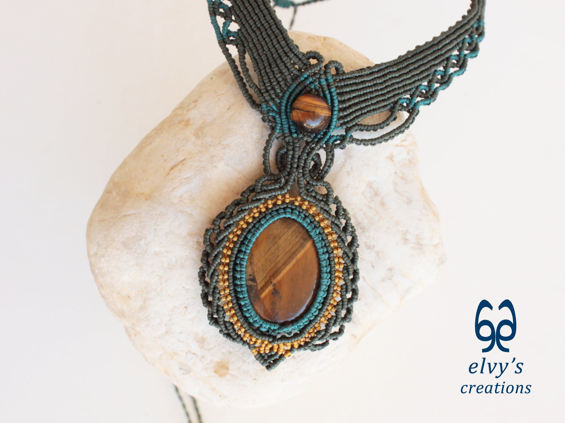 Handmade Green Macrame Necklace with Gold Tiger Eye Gemstones