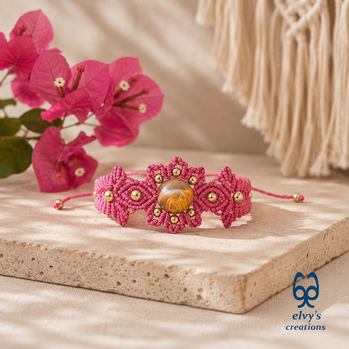 Red and Gold Macrame Bracelet with Quartz Red Adjustable Boho Bracelet