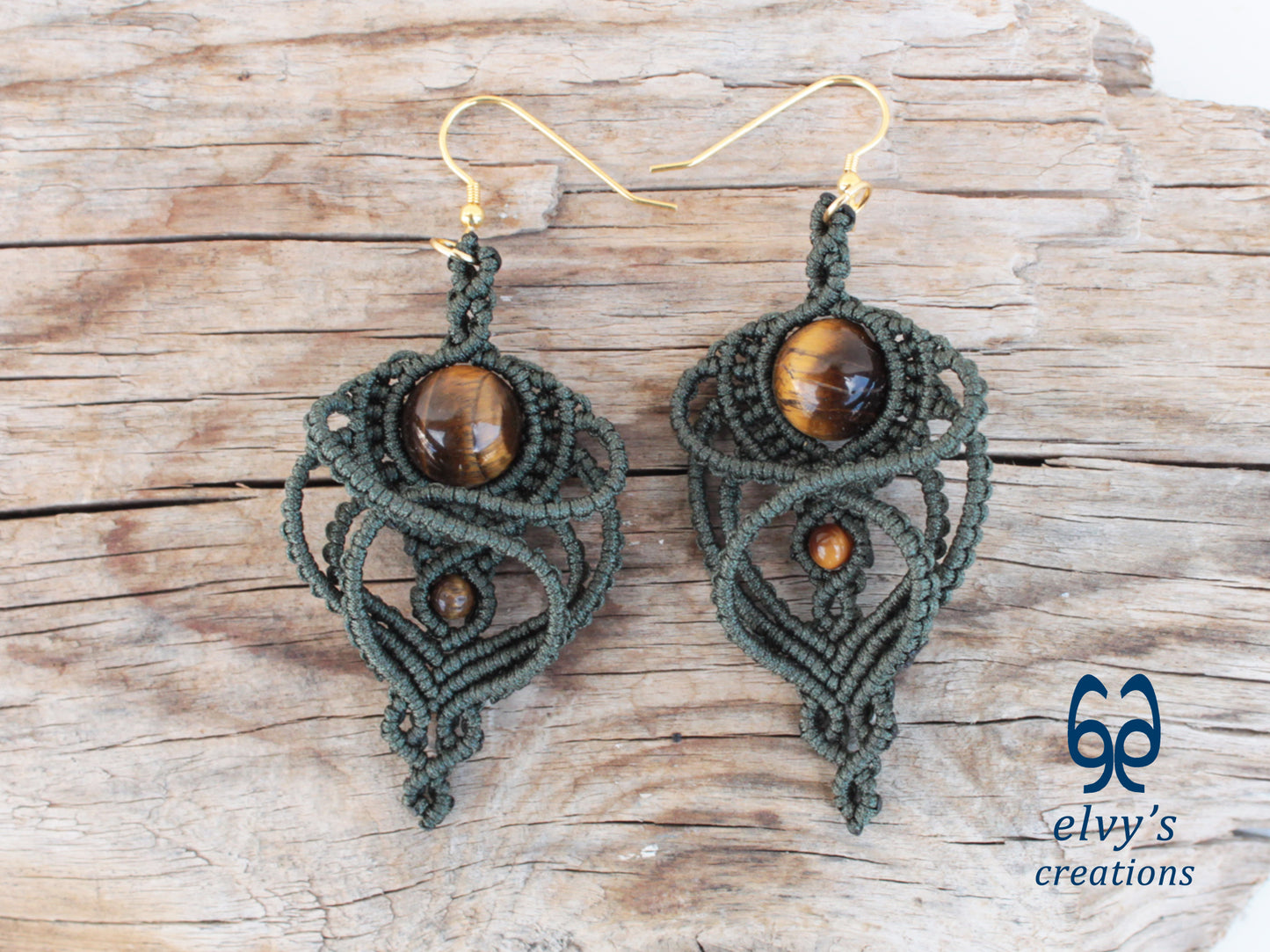 Handmade Macramé Green Earrings with Tiger Eye Gemstones Dangle Earrings