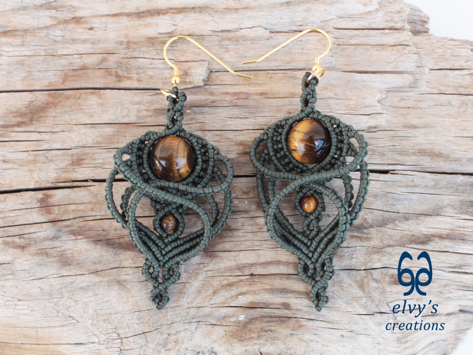 Handmade Macramé Green Earrings with Tiger Eye Gemstones Dangle Earrings